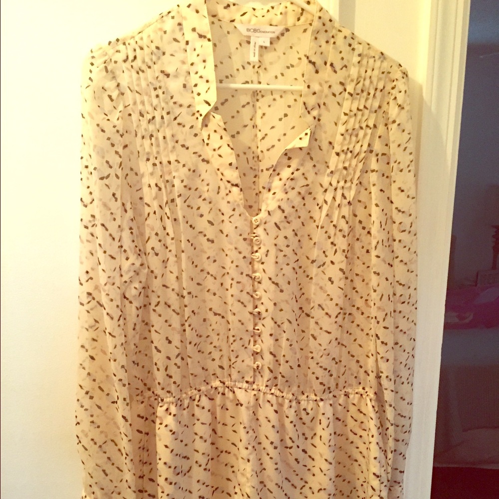 BCBGeneration Cream Sheer Printed Button-Front Blouse